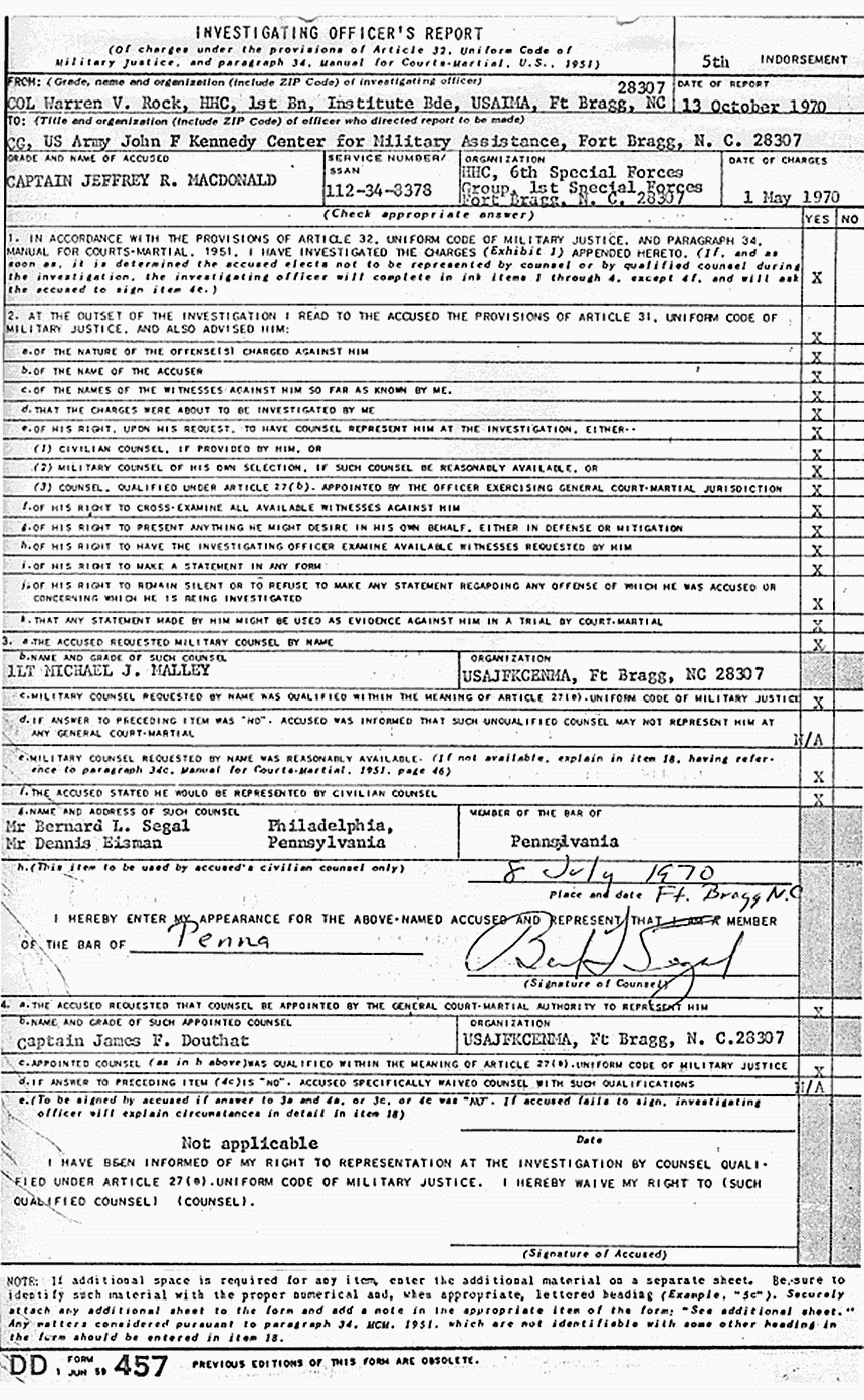October 13, 1970: Article 32 final report of Col. Warren Rock, p. 1 of 18