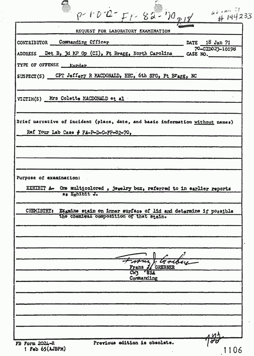 January 18, 1971: Request for Laboratory Examination re: USACIL Report P-FA-D-FP-82-70-R18