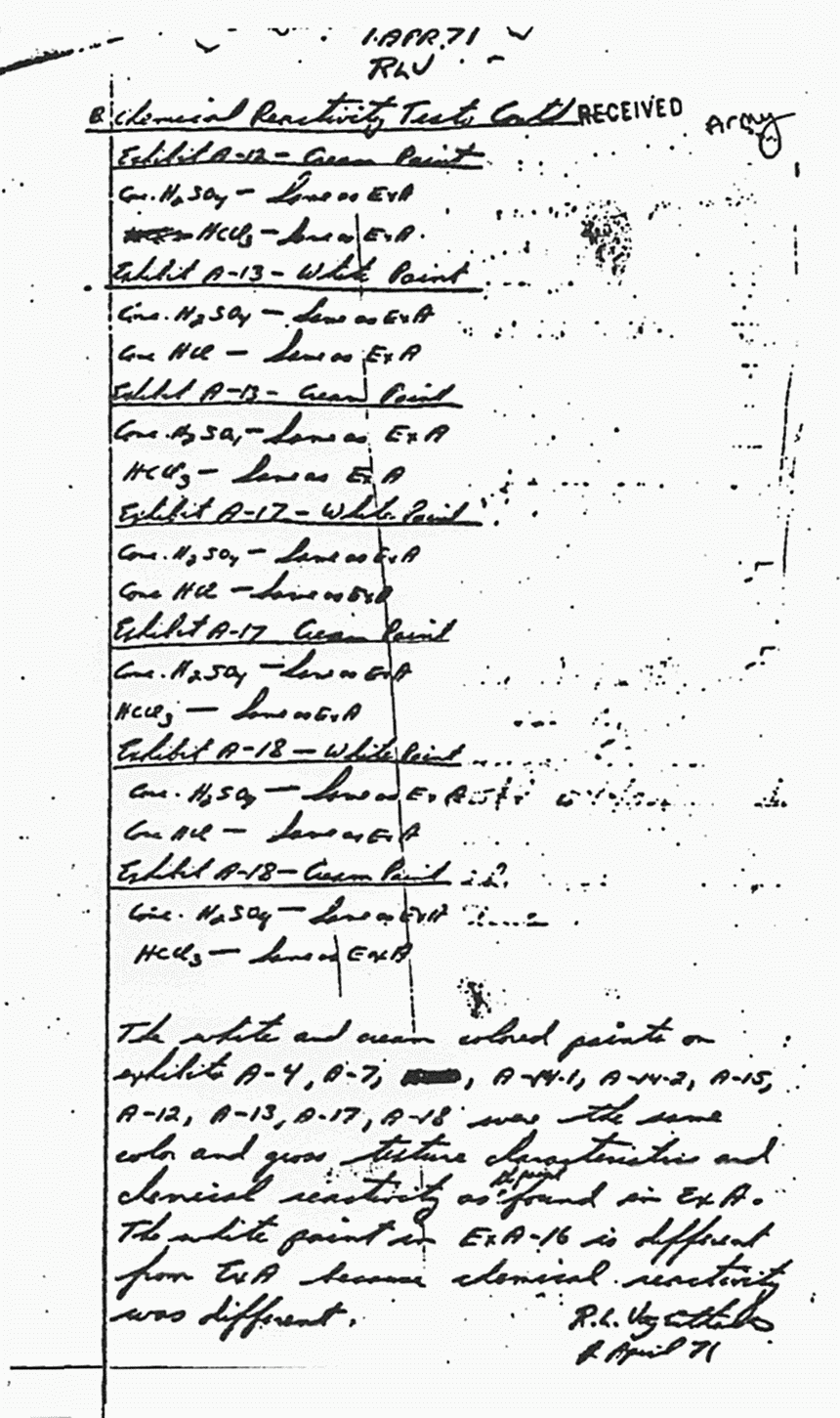 April 1, 1971: Notes of Robert Vogenthaler (CID) re: USACIL Report P-FA-D-C-FP-82-70-R24, p. 5 of 5