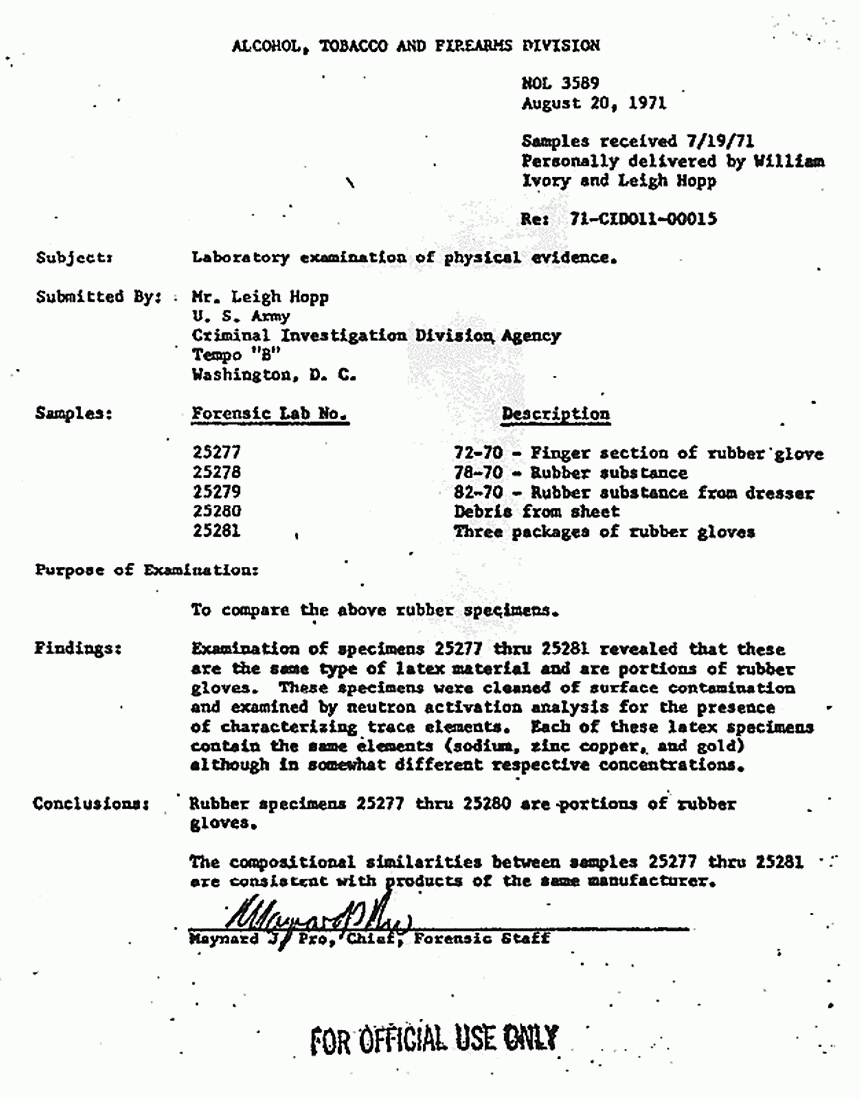 August 20, 1971: ATF results on comparison of rubber gloves and fragments, p. 2 of 3