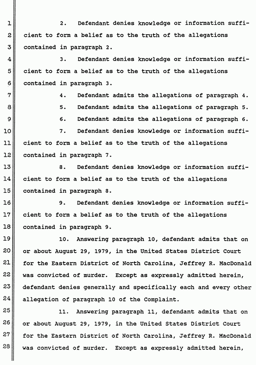 June 1988: Answer of Dorothy MacDonald to Second Amended Complaint of Mildred Kassab to Establish and Enforce Constructive Trust, p. 2 of 10