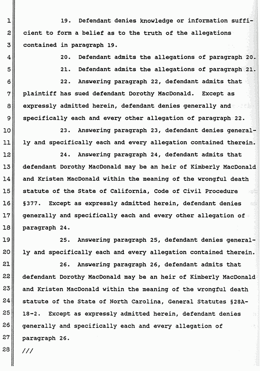 June 1988: Answer of Dorothy MacDonald to Second Amended Complaint of Mildred Kassab to Establish and Enforce Constructive Trust, p. 4 of 10