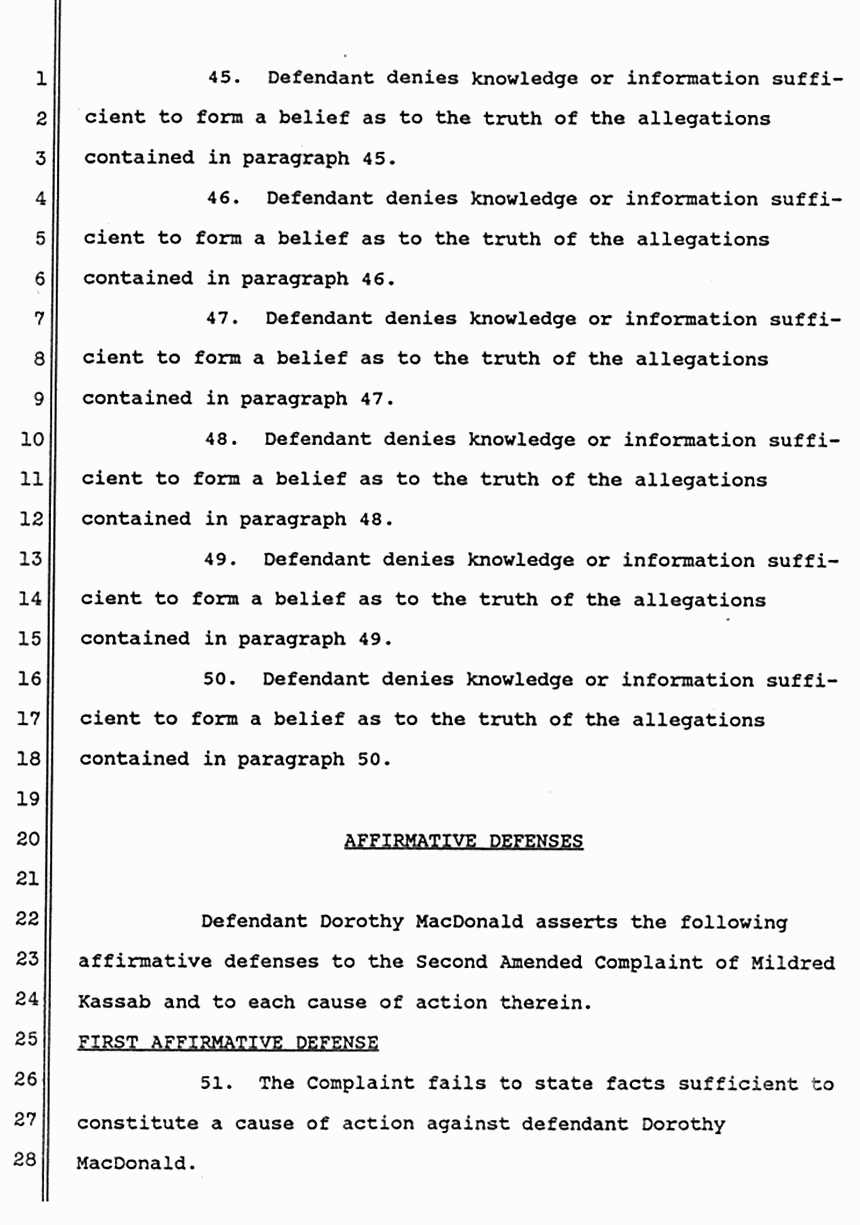 June 1988: Answer of Dorothy MacDonald to Second Amended Complaint of Mildred Kassab to Establish and Enforce Constructive Trust, p. 7 of 10