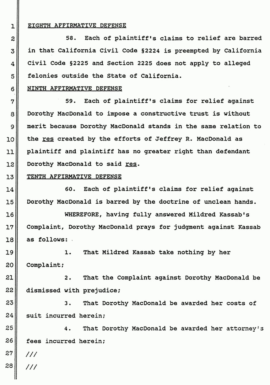 June 1988: Answer of Dorothy MacDonald to Second Amended Complaint of Mildred Kassab to Establish and Enforce Constructive Trust, p. 9 of 10