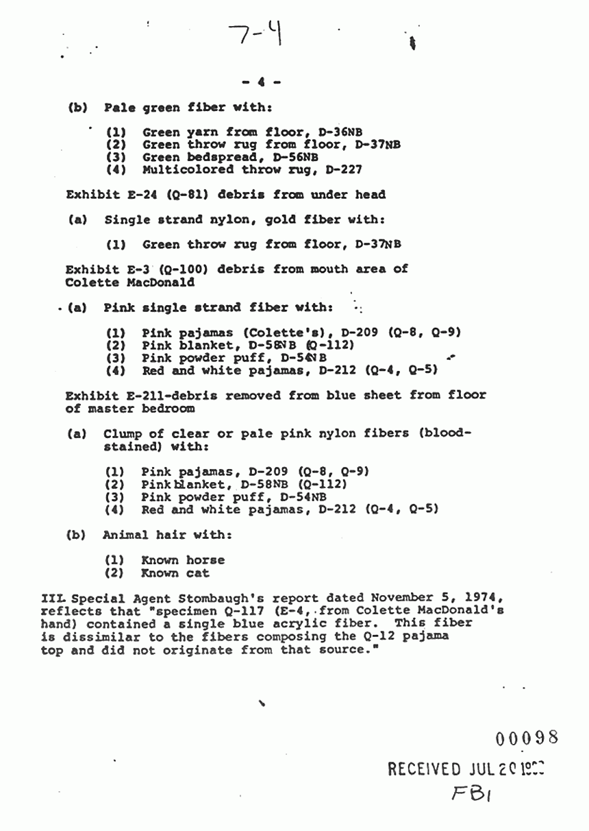 December 14, 1978: Letter from Brian Murtagh to Morris Clark (FBI) re: Request for Additional Microscopic Analysis and Photographic Support to Supplement Nov. 5, 1974 FBI Reports by Paul Stombaugh, p. 4 of 5