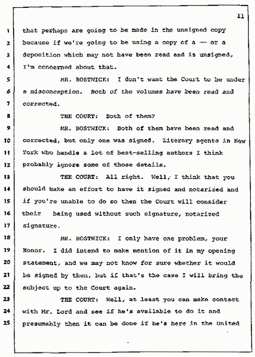 Los Angeles, California Civil Trial<br>Jeffrey MacDonald vs. Joe McGinniss<br><br>July 7, 1987:<br>Discussion of motions prior to jury selection, p. 11