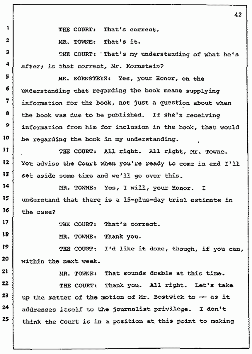 Los Angeles, California Civil Trial<br>Jeffrey MacDonald vs. Joe McGinniss<br><br>July 7, 1987:<br>Discussion of motions prior to jury selection, p. 42