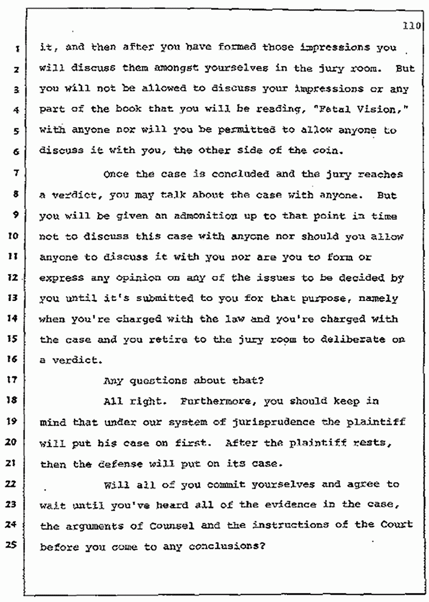 Los Angeles, California Civil Trial<br>Jeffrey MacDonald vs. Joe McGinniss<br><br>July 7, 1987: Jury selection, p. 110
