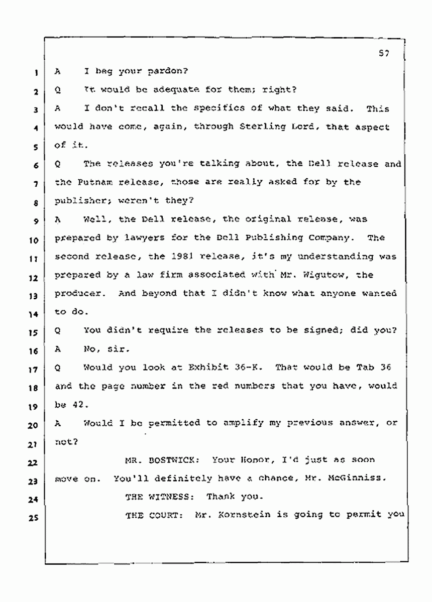 Los Angeles, California Civil Trial<br>Jeffrey MacDonald vs. Joe McGinniss<br><br>July 21, 1987:<br>Plaintiff's Witness: Joe McGinniss, p. 57