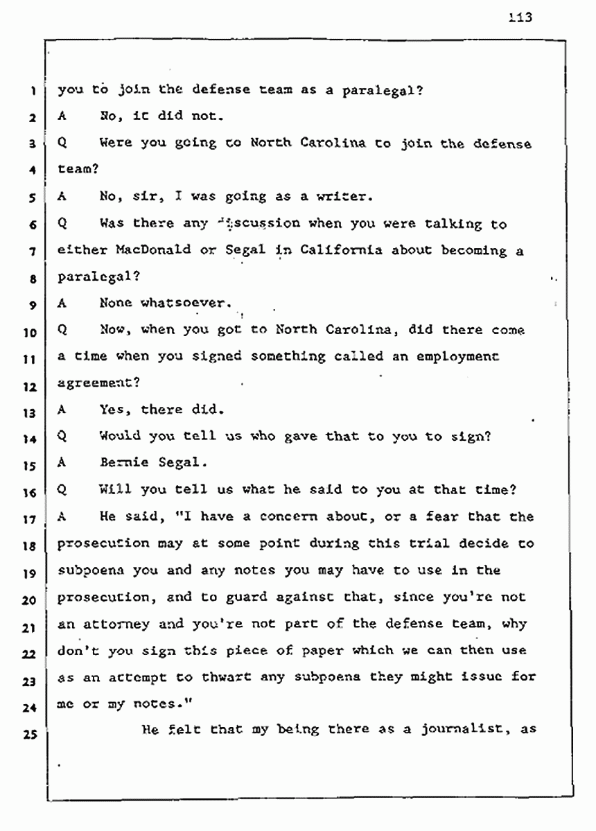 Los Angeles, California Civil Trial<br>Jeffrey MacDonald vs. Joe McGinniss<br><br>August 5, 1987:<br>Defendant's Witness: Joe McGinniss, p. 113