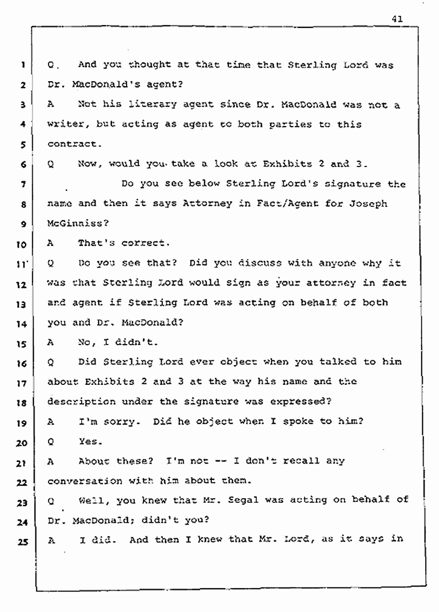 Los Angeles, California Civil Trial<br>Jeffrey MacDonald vs. Joe McGinniss<br><br>August 5, 1987:<br>Defendant's Witness: Joe McGinniss, p. 41