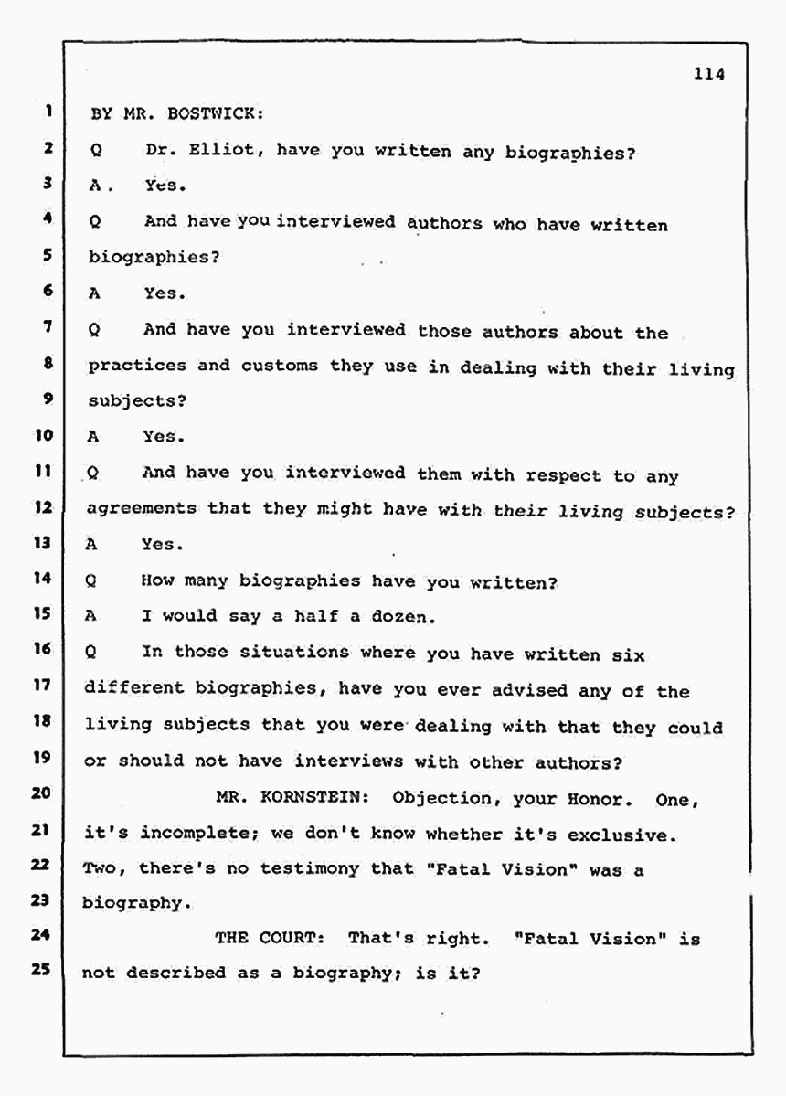 Los Angeles, California Civil Trial<br>Jeffrey MacDonald vs. Joe McGinniss<br><br>August 11, 1987:<br>Rebuttal Witness: Jeffrey Elliot, p. 114