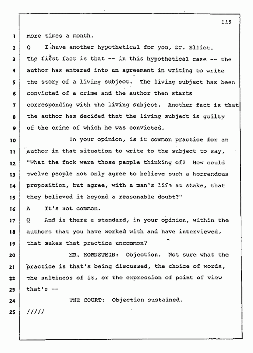 Los Angeles, California Civil Trial<br>Jeffrey MacDonald vs. Joe McGinniss<br><br>August 11, 1987:<br>Rebuttal Witness: Jeffrey Elliot, p. 119