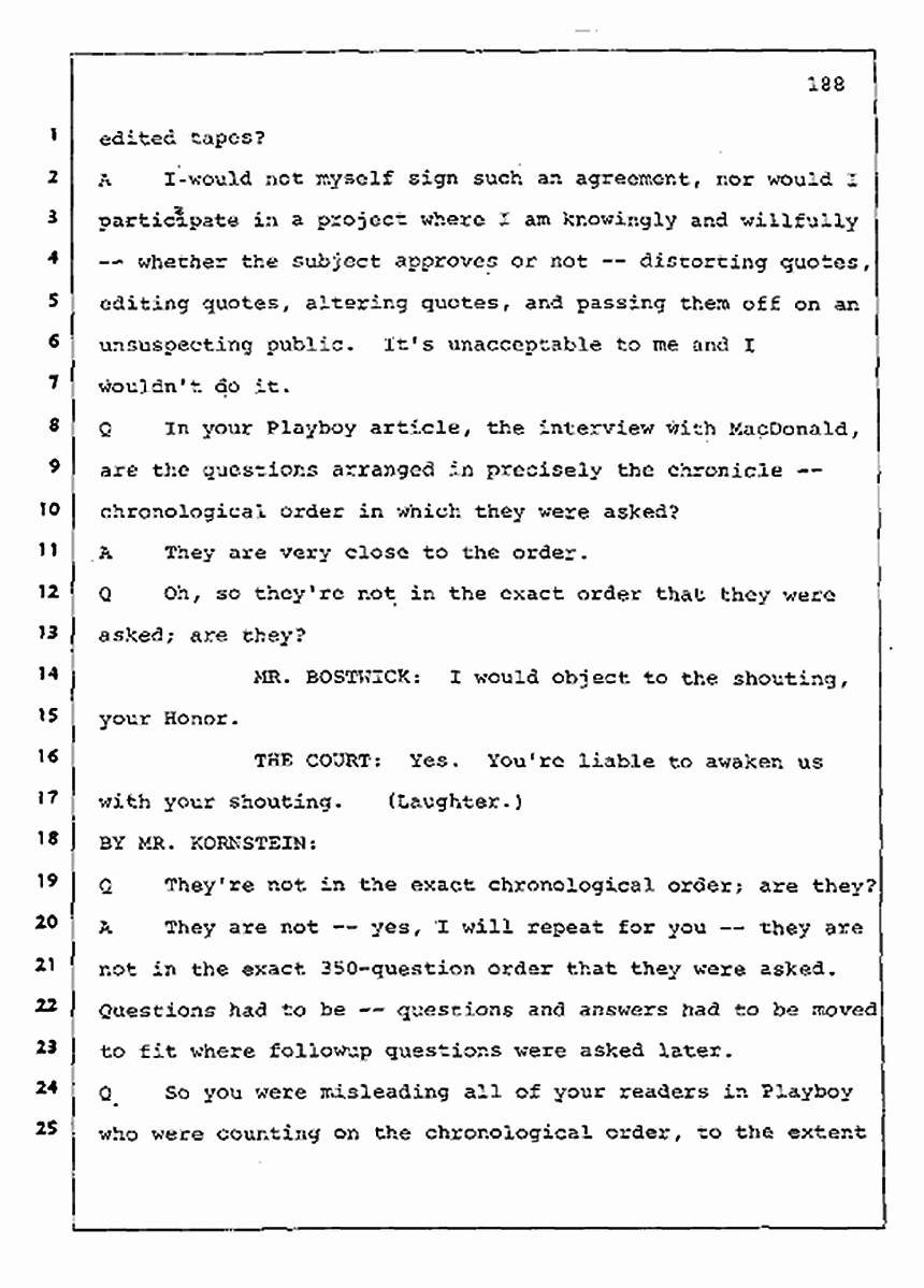 Los Angeles, California Civil Trial<br>Jeffrey MacDonald vs. Joe McGinniss<br><br>August 11, 1987:<br>Rebuttal Witness: Jeffrey Elliot, p. 188