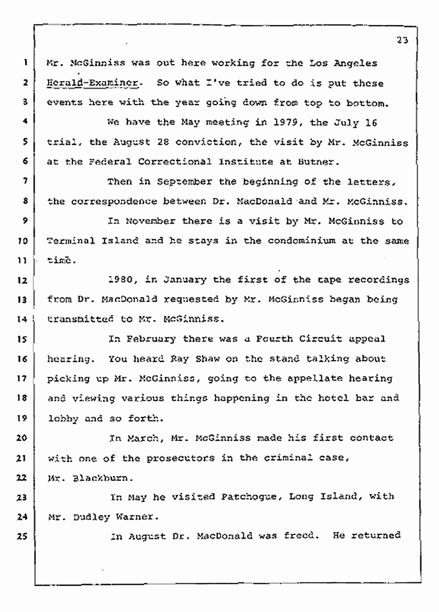 Los Angeles, California Civil Trial<br>Jeffrey MacDonald vs. Joe McGinniss<br><br>August 12, 1987:<br>Closing Arguments for Plaintiff Jeffrey MacDonald, p. 23