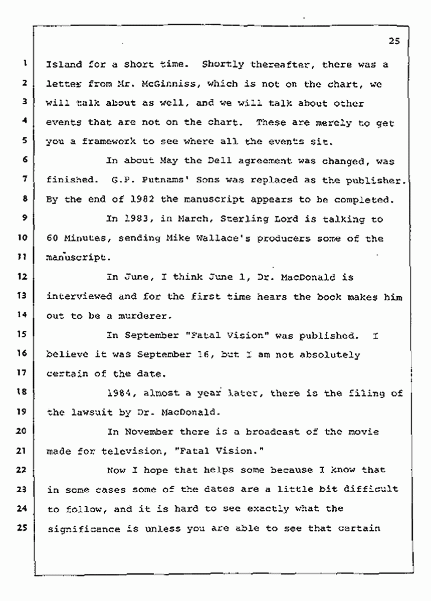 Los Angeles, California Civil Trial<br>Jeffrey MacDonald vs. Joe McGinniss<br><br>August 12, 1987:<br>Closing Arguments for Plaintiff Jeffrey MacDonald, p. 25
