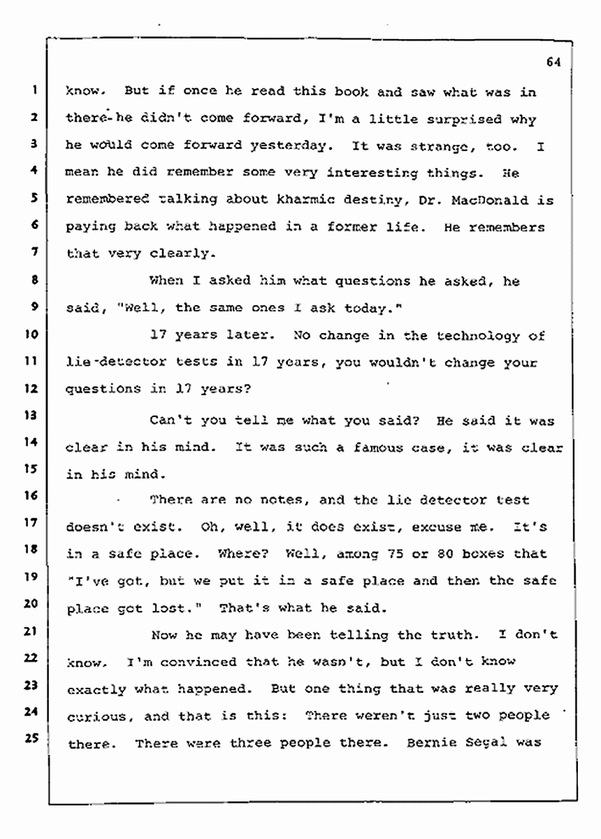 Los Angeles, California Civil Trial<br>Jeffrey MacDonald vs. Joe McGinniss<br><br>August 12, 1987:<br>Closing Arguments for Plaintiff Jeffrey MacDonald, p. 64