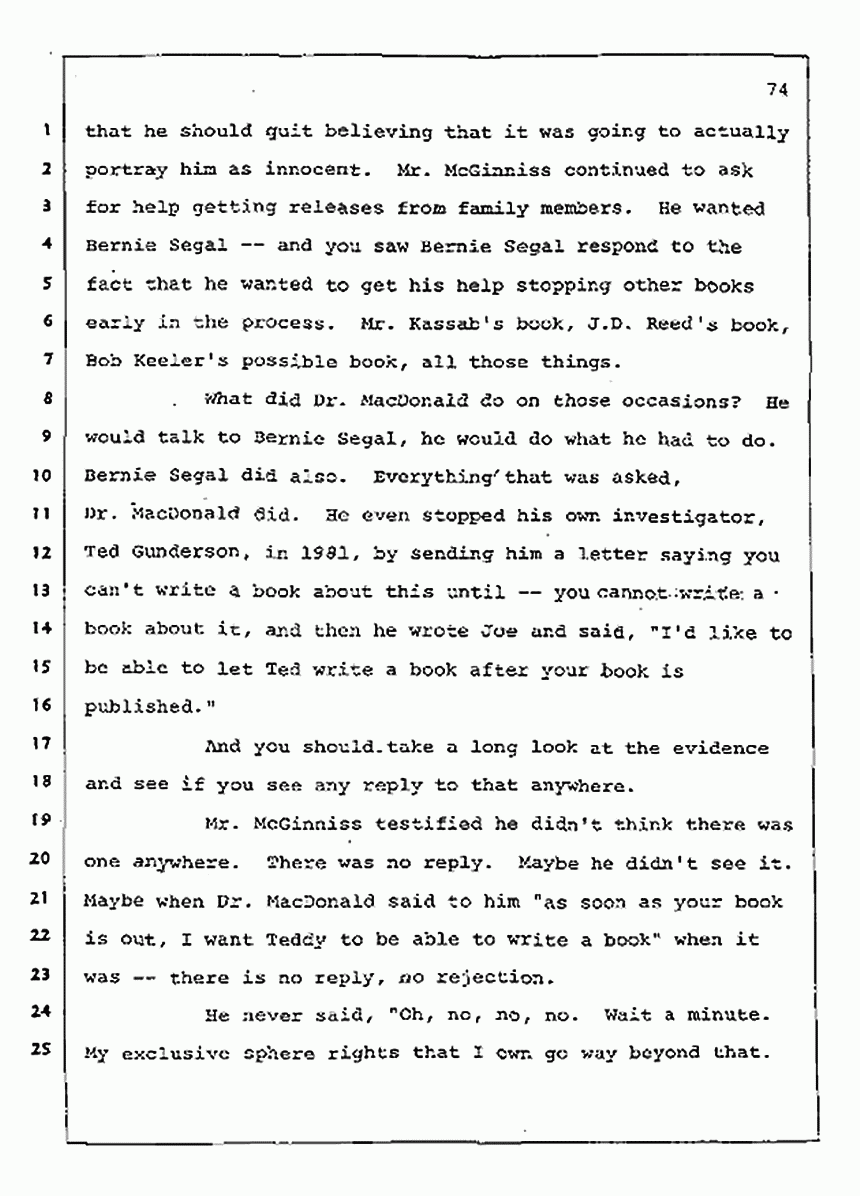 Los Angeles, California Civil Trial<br>Jeffrey MacDonald vs. Joe McGinniss<br><br>August 12, 1987:<br>Closing Arguments for Plaintiff Jeffrey MacDonald, p. 74