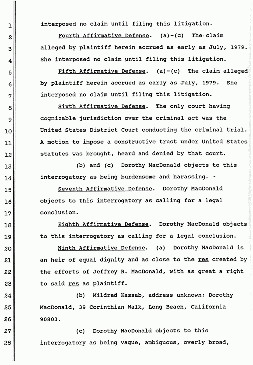 September 14, 1988: Responses of Dorothy MacDonald to Interrogatories, Fourth Set (Form Interrogatories), p. 4 of 5