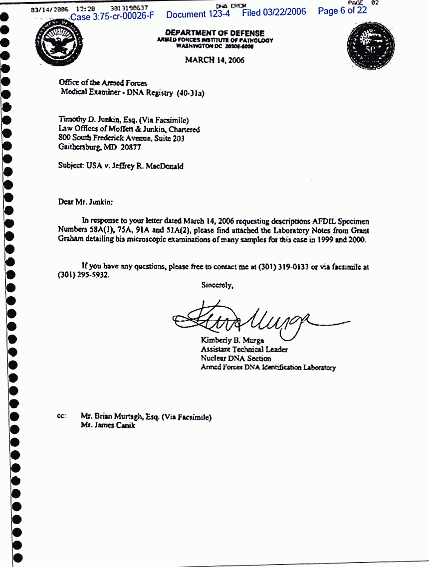 March 14, 2006: Letter from Kimberly Murga to Timothy Junkin re: AFIP/AFME Trace Materials Analysis Laboratory Notes of Grant Graham