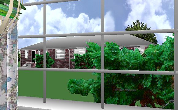 The Jeffrey MacDonald Case: Representation of view from east window of east (master) bedroom, facing Pendlyshok duplex (Pendlyshok's section partially hidden behind shrub)