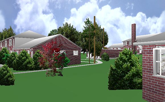 The Jeffrey MacDonald Case: Representation of front view of the Jeffrey MacDonald apartment at 544 Castle Drive, facing northwest from the Pendlyshok apartment