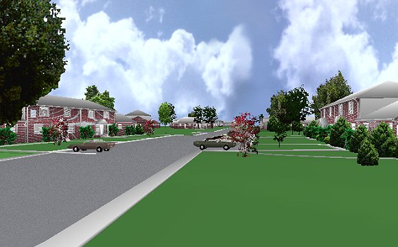 The Jeffrey MacDonald Case: Representation of view looking down Castle Drive to the west, from the Pendlyshok apartment.  The MacDonald apartment is to the right.