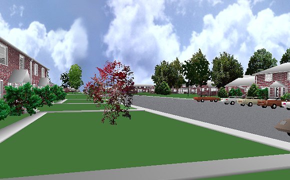 The Jeffrey MacDonald Case: Representation of view looking down Castle Drive to the west, across the street from the Jeffrey MacDonald apartment building (542 and 544 Castle Drive apartments are to the right, not visible).