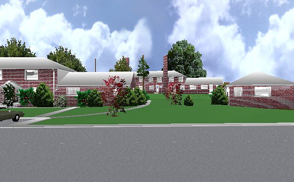 The Jeffrey MacDonald Case: Representation of view facing north onto Castle Drive and the Jeffrey MacDonald apartment (MacDonald apartment is to the left of center).