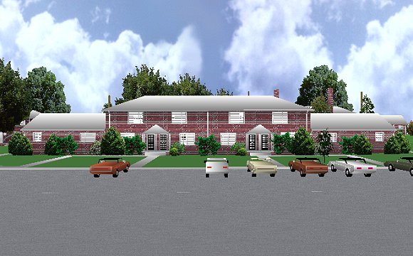 The Jeffrey MacDonald Case: Representation of view facing north onto Castle Drive and the Jeffrey MacDonald apartment building.  The Kalin and MacDonald apartments are to the right of center.