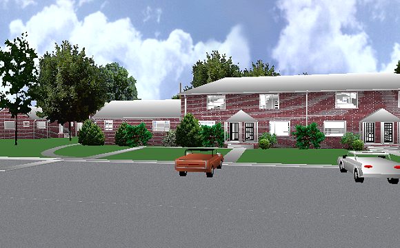 The Jeffrey MacDonald Case: Representation of view facing north-northwest onto Castle Drive and the Jeffrey MacDonald building.  Kalin apartment partially visible on right (MacDonald apartment to right of Kalins' not visible).