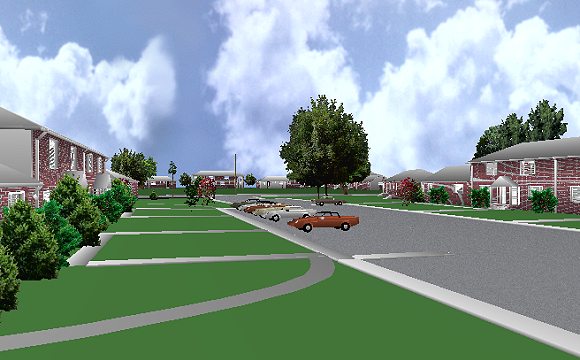 The Jeffrey MacDonald Case: Representation of view facing east down Castle Drive. The MacDonald apartment building is to the left.