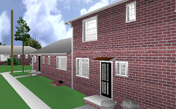 The Jeffrey MacDonald Case: Representation of back view of the Jeffrey MacDonald apartment building, facing southeast.  Utility room door is at left end of building; kitchen door is just to the right of center.