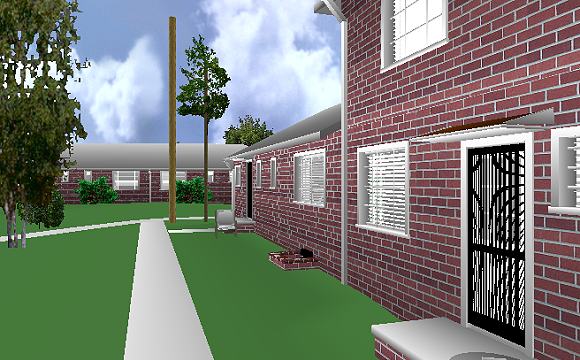 The Jeffrey MacDonald Case: Representation of view of the Pendlyshok building (center) and Jeffrey MacDonald apartment building (to right), facing east.