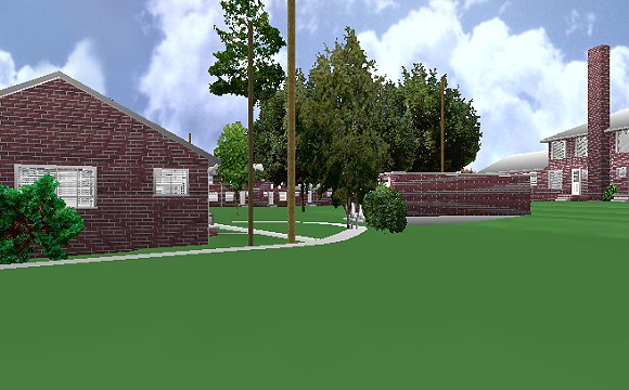 The Jeffrey MacDonald Case: Representation of the back yard of 544 Castle Drive, facing northwest from Pendlyshok window.  MacDonald apartment is to left of center in foreground.