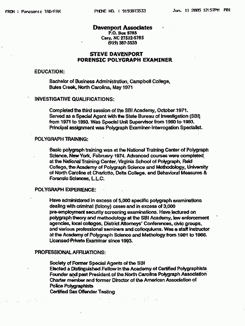 May 24, 2005: Curriculum Vitae of Polygrapher Steve Davenport