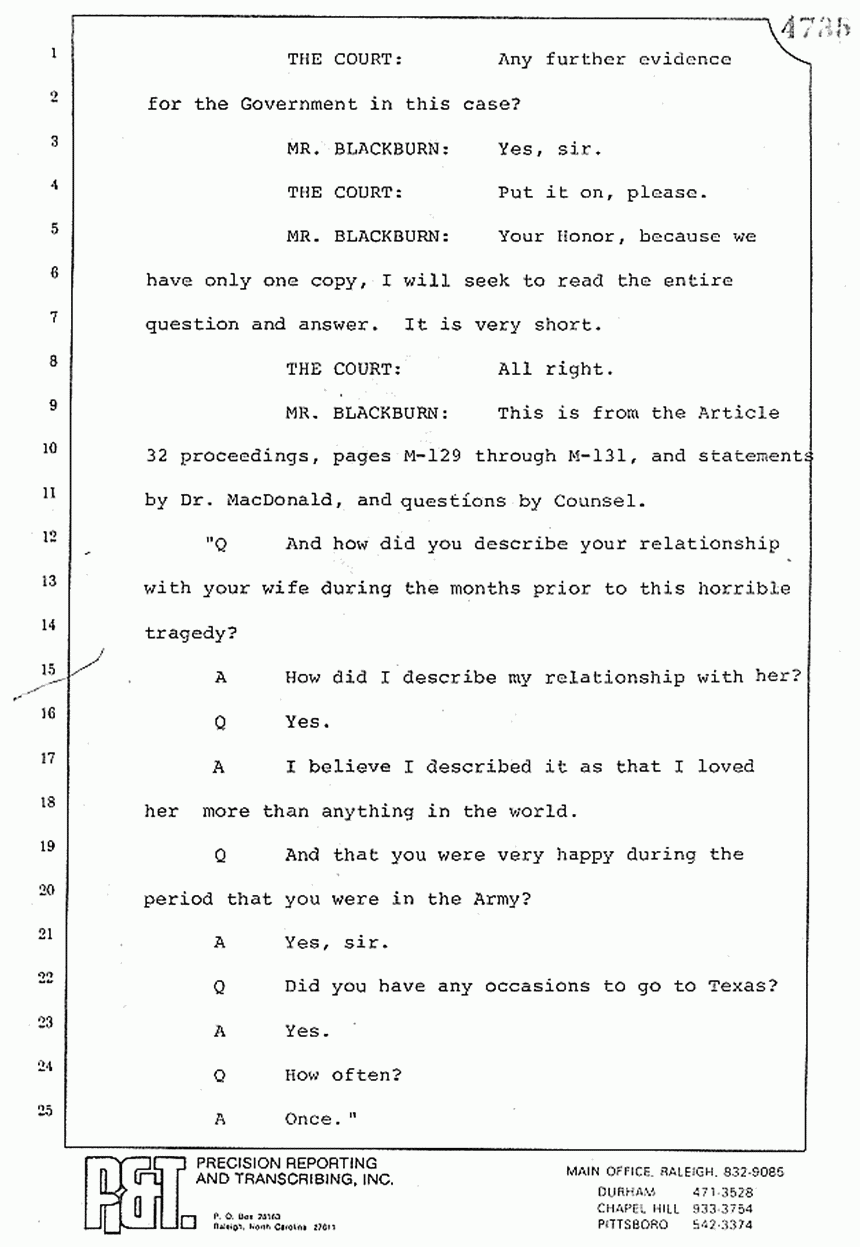 August 10, 1979: Reading of Jeffrey MacDonald's statements and Esquire magazine articles at trial, p. 126 of 151