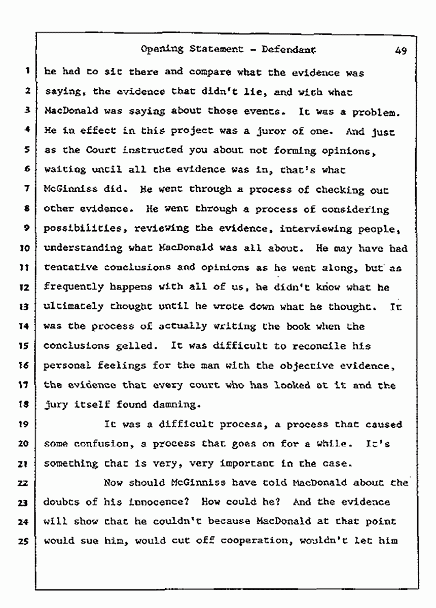 Los Angeles, California<br>Jeffrey MacDonald vs. Joe McGinniss Civil Trial<br><br>July 8, 1987: Opening Statements, p. 49