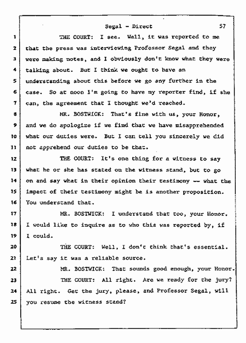 Los Angeles, California Civil Trial<br>Jeffrey MacDonald vs. Joe McGinniss<br><br>July 9, 1987:<br>Plaintiff's Witness: Bernard Segal, p. 57