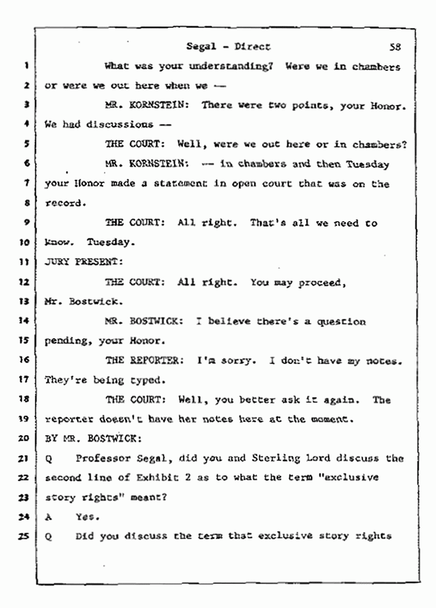 Los Angeles, California Civil Trial<br>Jeffrey MacDonald vs. Joe McGinniss<br><br>July 9, 1987:<br>Plaintiff's Witness: Bernard Segal, p. 58