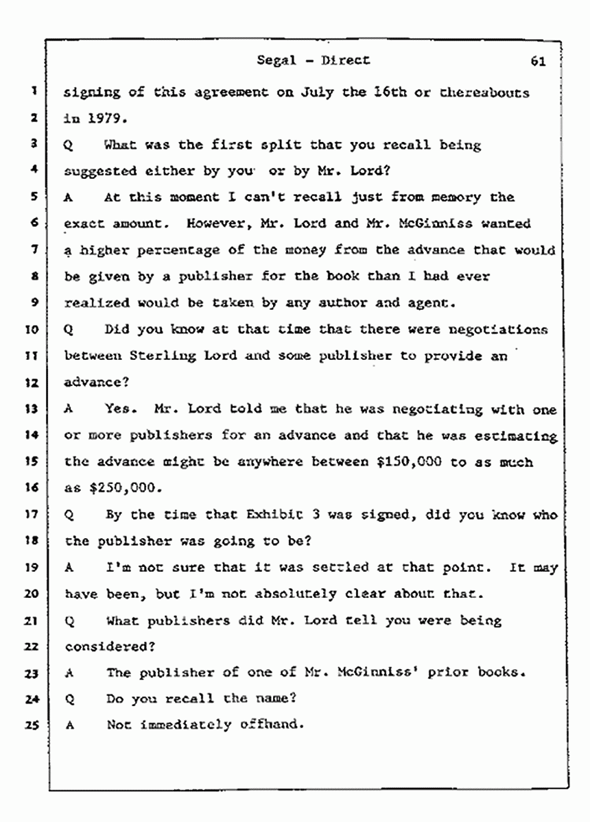 Los Angeles, California Civil Trial<br>Jeffrey MacDonald vs. Joe McGinniss<br><br>July 9, 1987:<br>Plaintiff's Witness: Bernard Segal, p. 61