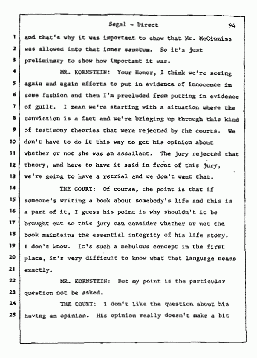 Los Angeles, California Civil Trial<br>Jeffrey MacDonald vs. Joe McGinniss<br><br>July 9, 1987:<br>Plaintiff's Witness: Bernard Segal, p. 94