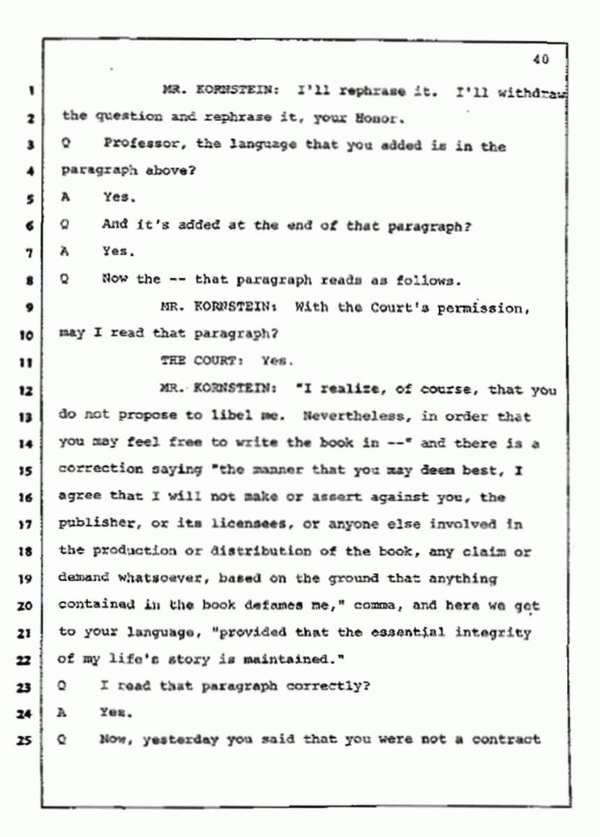 Los Angeles, California Civil Trial<br>Jeffrey MacDonald vs. Joe McGinniss<br><br>July 10, 1987:<br>Plaintiff's Witness: Bernard Segal, p. 40