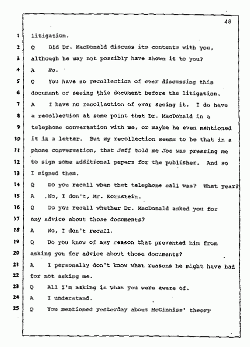 Los Angeles, California Civil Trial<br>Jeffrey MacDonald vs. Joe McGinniss<br><br>July 10, 1987:<br>Plaintiff's Witness: Bernard Segal, p. 48