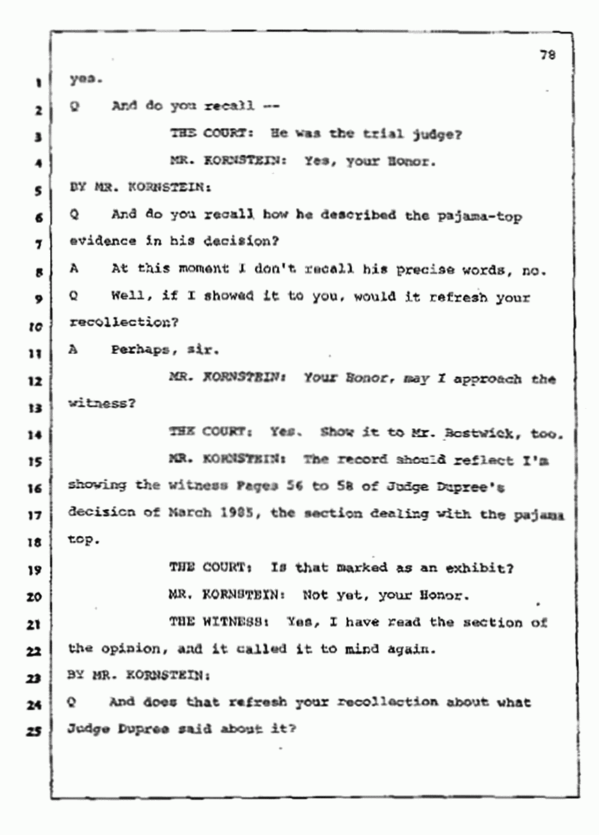 Los Angeles, California Civil Trial<br>Jeffrey MacDonald vs. Joe McGinniss<br><br>July 10, 1987:<br>Plaintiff's Witness: Bernard Segal, p. 78