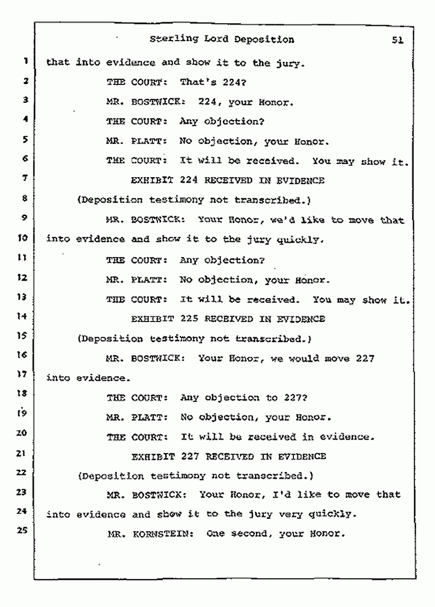 Los Angeles, California Civil Trial<br>Jeffrey MacDonald vs. Joe McGinniss<br><br>July 14, 1987:<br>Plaintiff's Witness: Sterling Lord, by Deposition, p. 51