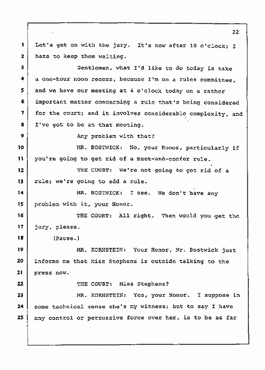Los Angeles, California Civil Trial<br>Jeffrey MacDonald vs. Joe McGinniss<br><br>July 15, 1987:<br>Plaintiff's Witness: Melinda Stephens, p. 22
