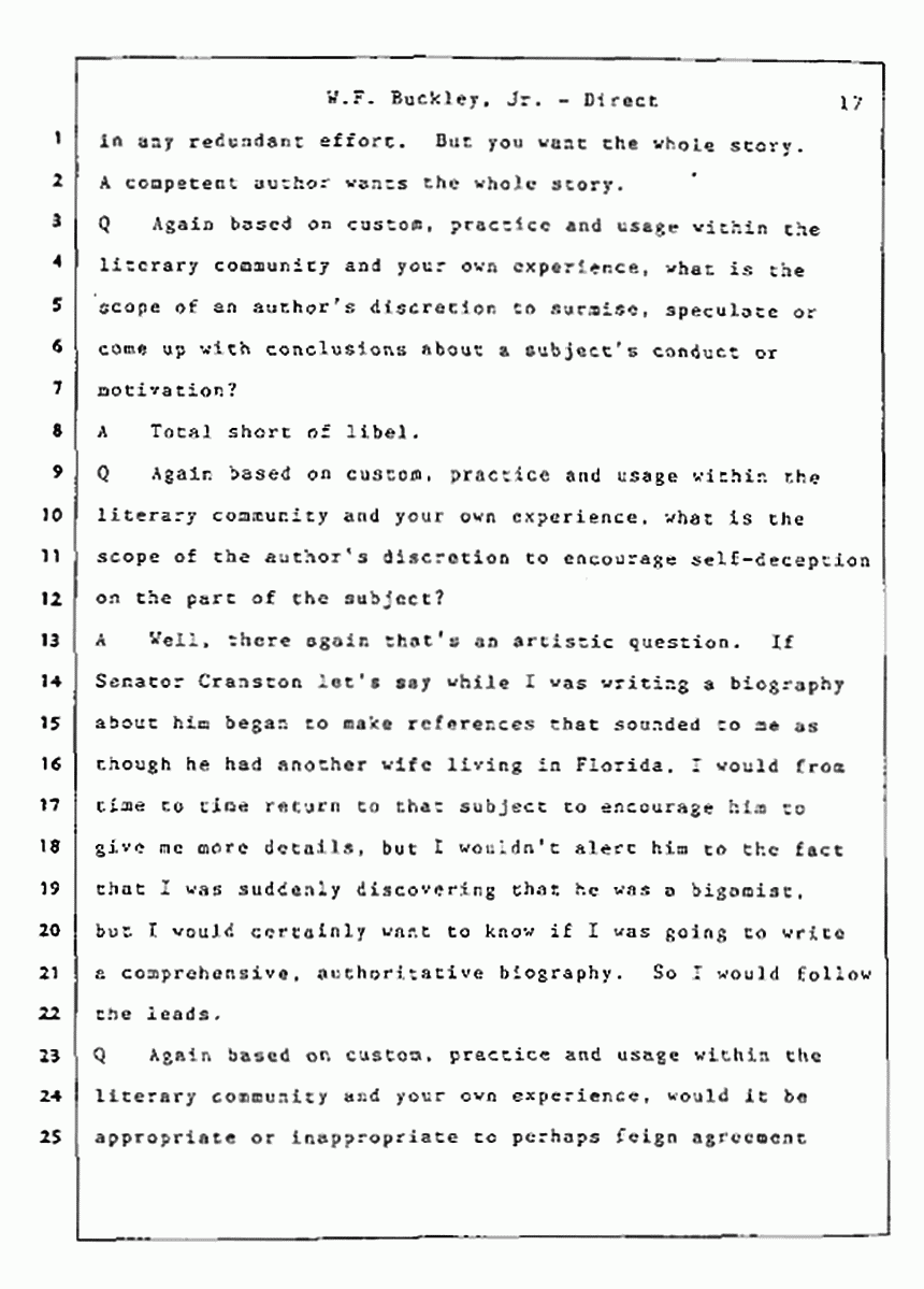 Los Angeles, California Civil Trial<br>Jeffrey MacDonald vs. Joe McGinniss<br><br>July 22, 1987:<br>Defendant's Witness: William F. Buckley, Jr., p. 17