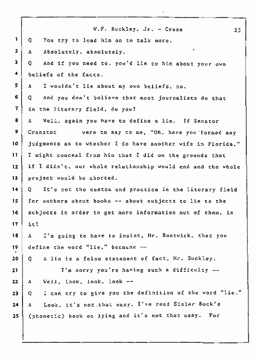 Los Angeles, California Civil Trial<br>Jeffrey MacDonald vs. Joe McGinniss<br><br>July 22, 1987:<br>Defendant's Witness: William F. Buckley, Jr., p. 25