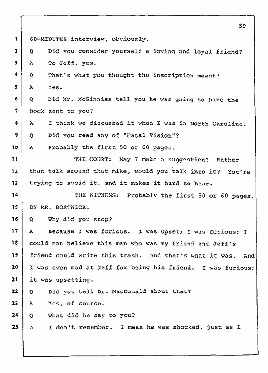 Los Angeles, California Civil Trial<br>Jeffrey MacDonald vs. Joe McGinniss<br><br>July 23, 1987:<br>Plaintiff's Witness: Barbara Gallagher, p. 59